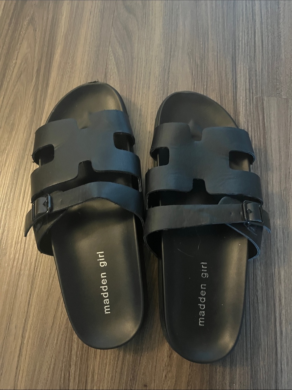 Madden Girl Black Double-Strap Buckle Slide Sandals